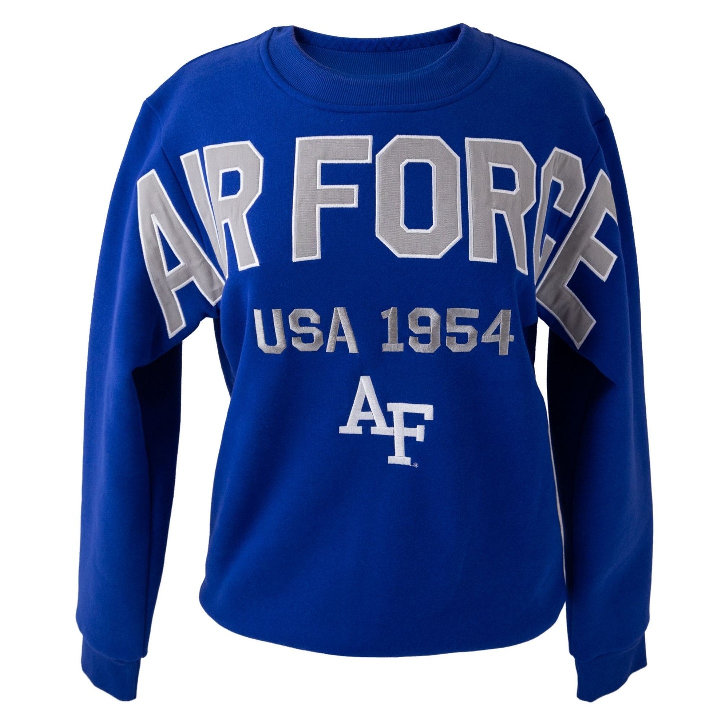 Royal blue women’s Air Force Academy crewneck sweatshirt with “Air Force,” “USA 1954,” and “AF” lettering on the front