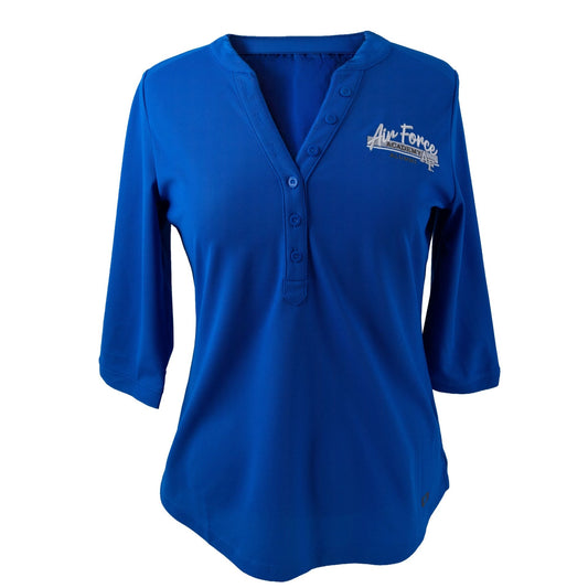 Royal blue women’s Air Force Academy henley top with three-quarter sleeves and embroidered logo on the chest