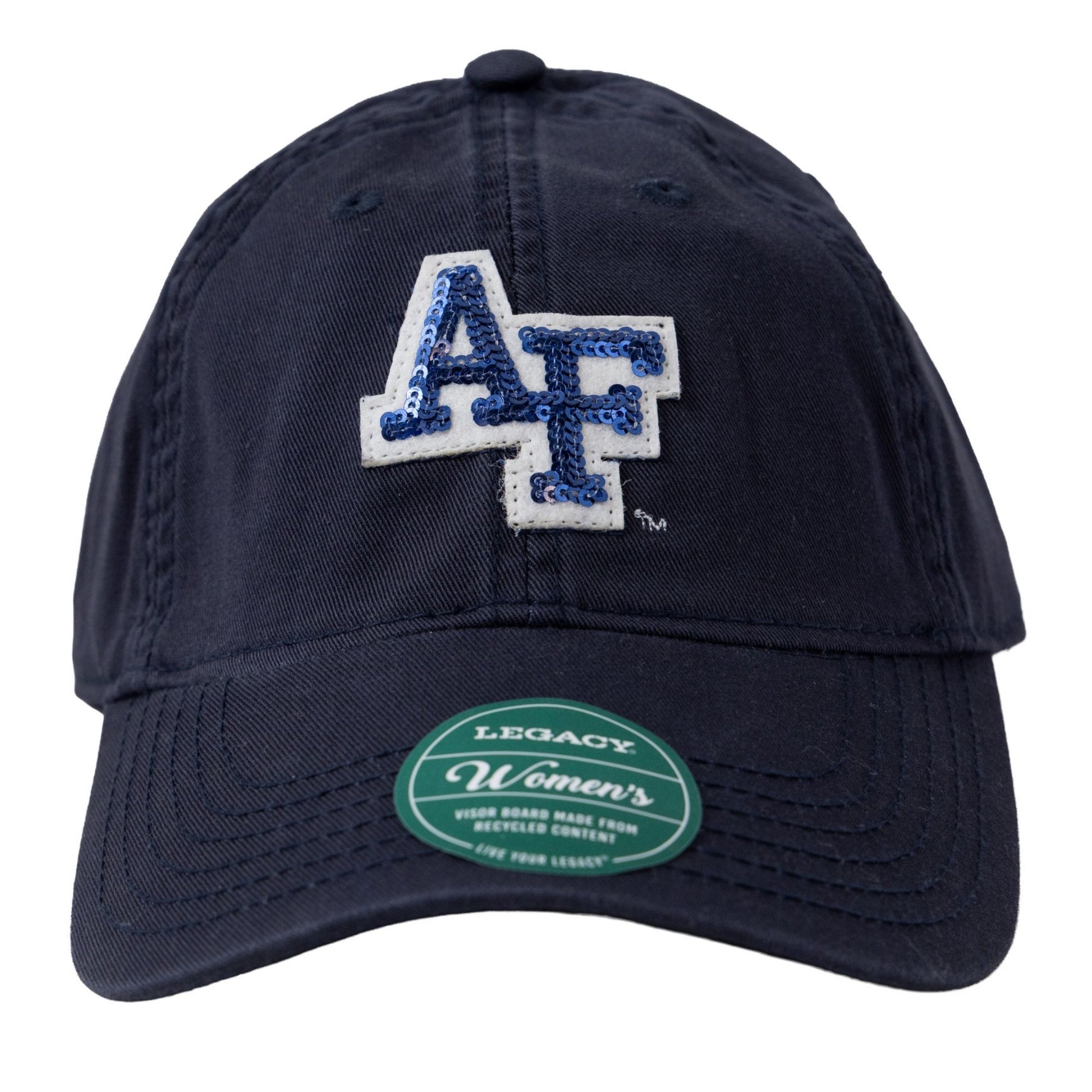 Navy women’s Air Force Academy Legacy baseball cap with blue sequin AF logo on the front