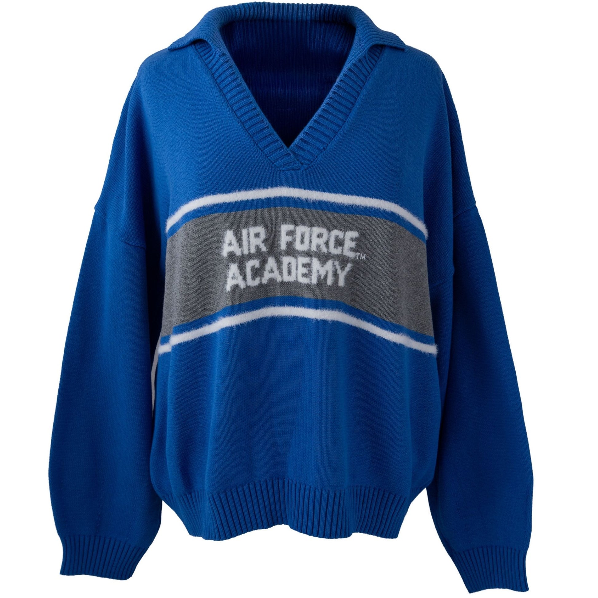 Royal blue women’s Air Force Academy V-neck sweater with gray stripe and logo across the chest