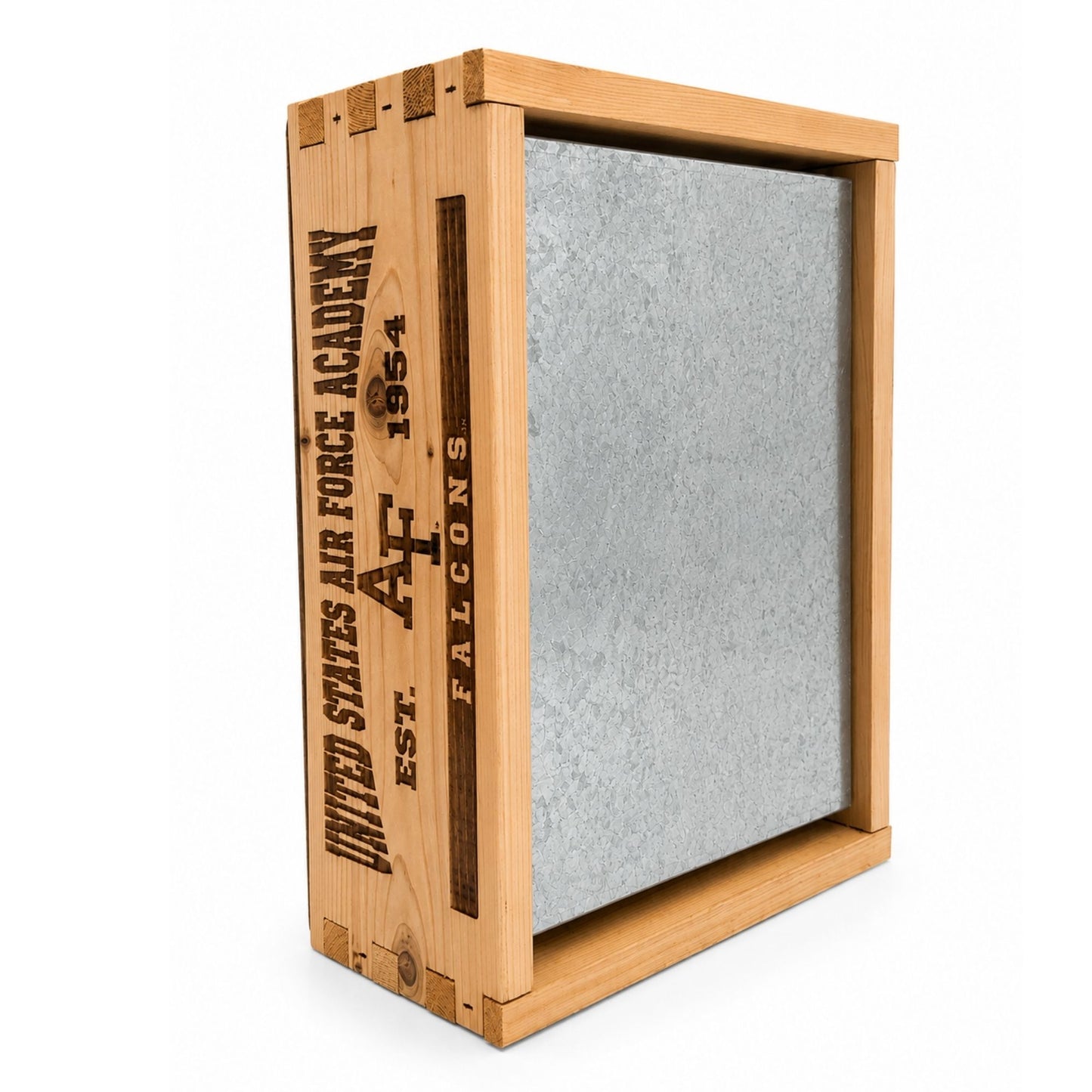 Air Force Academy wooden crate cooler with engraved front and removable galvanized metal liner.