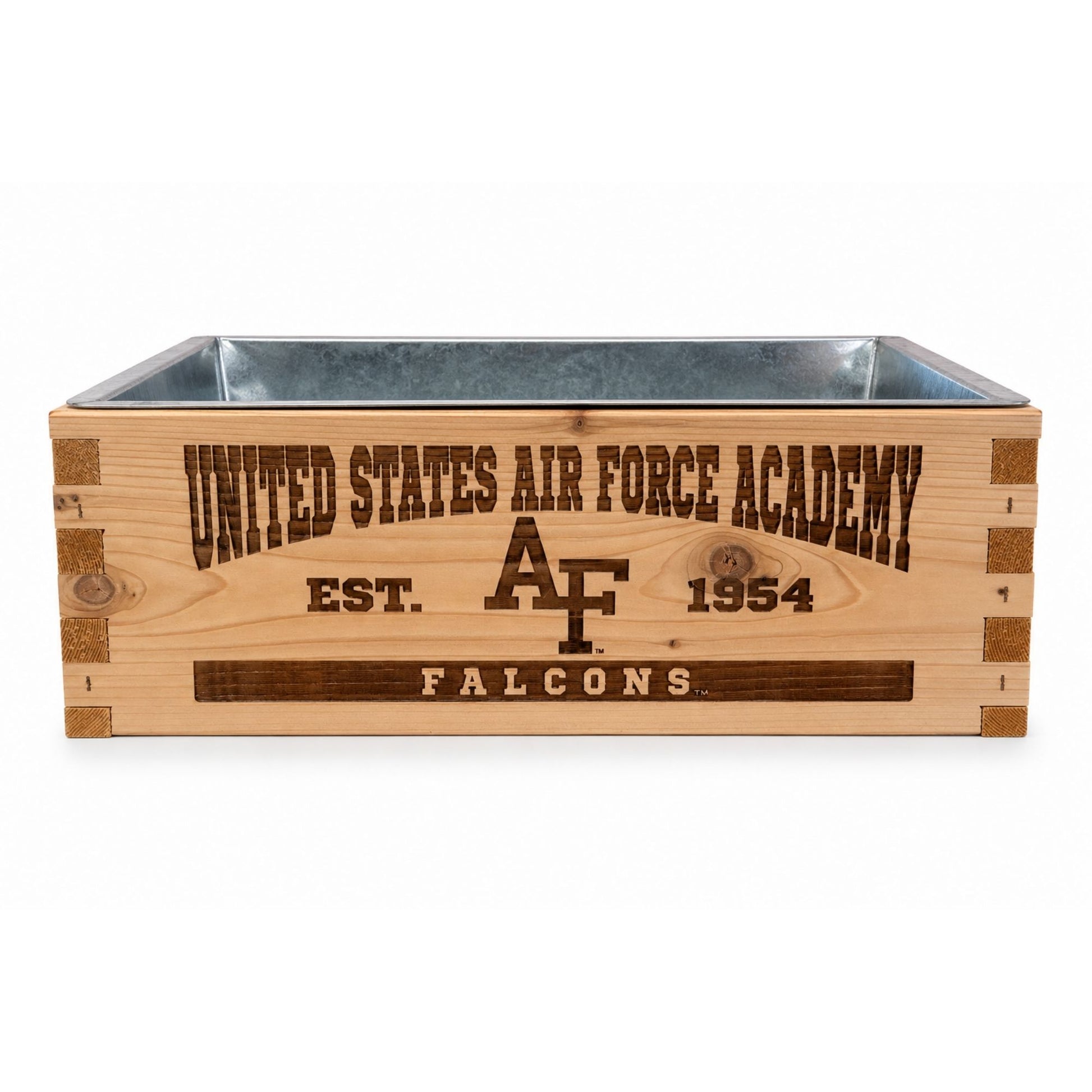 Air Force Academy wooden crate cooler with engraved front and removable galvanized metal liner.