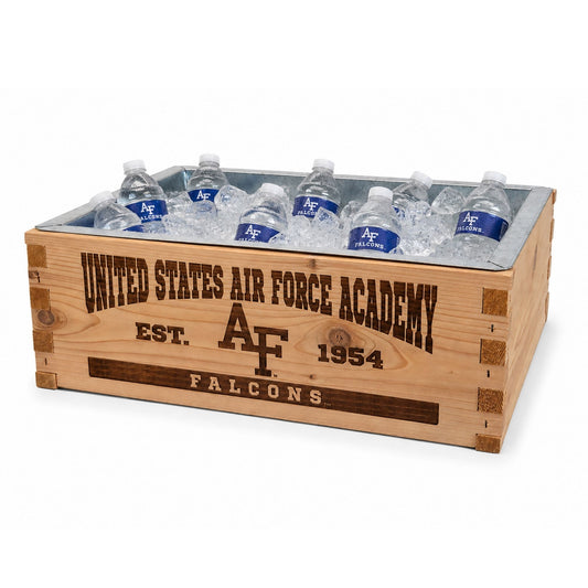 Air Force Academy wooden crate cooler with engraved front and removable galvanized metal liner.