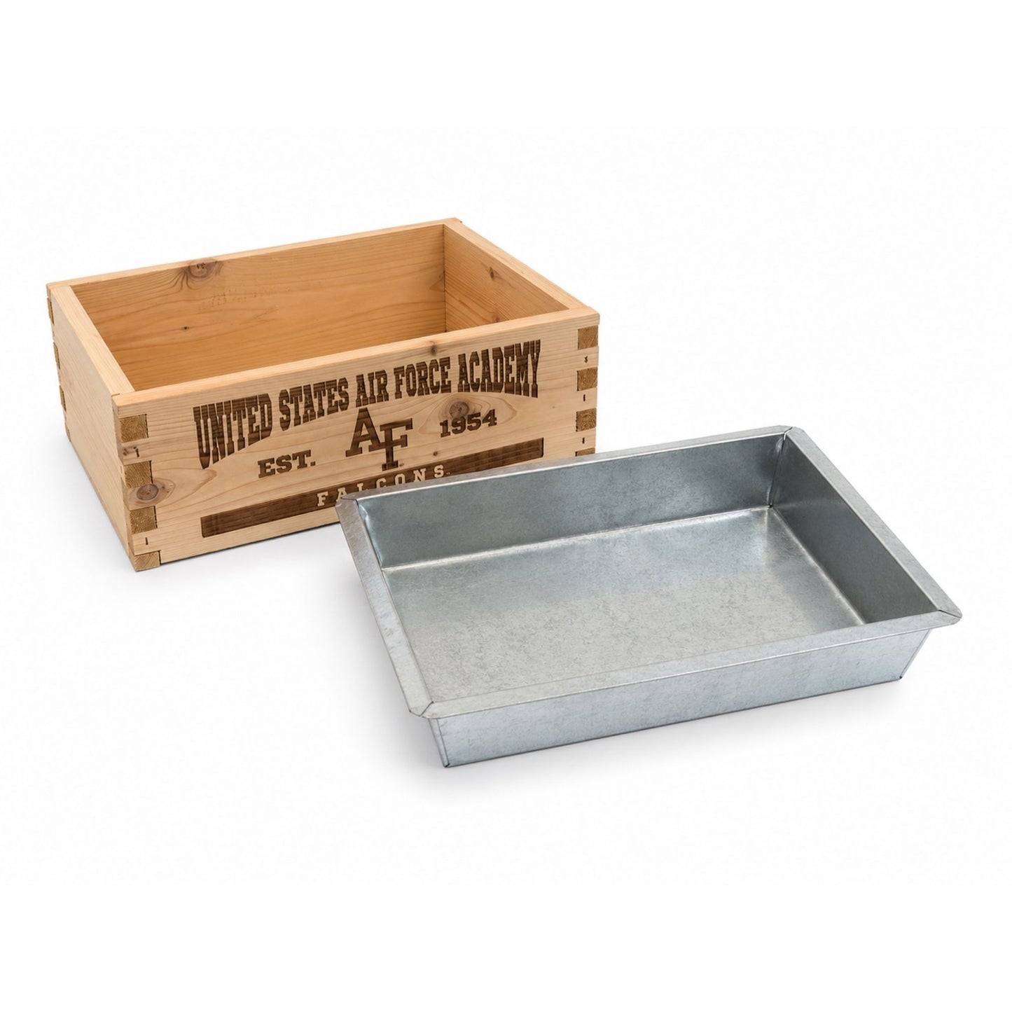 Air Force Academy wooden crate cooler with engraved front and removable galvanized metal liner.