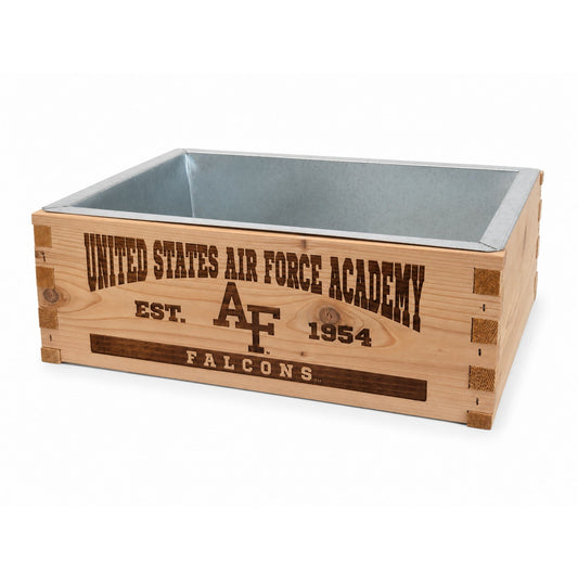 Air Force Academy wooden crate cooler with engraved front and removable galvanized metal liner.