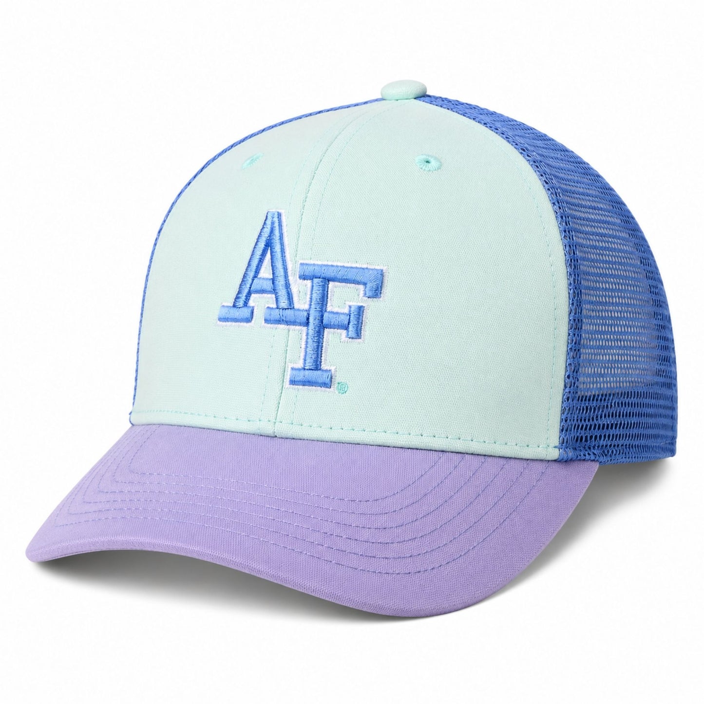 Air Force Adult Skybound Trucker Hat in blue and lavender with embroidered AF logo and mesh back