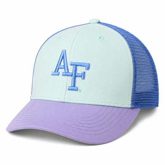 Air Force Adult Skybound Trucker Hat in blue and lavender with embroidered AF logo and mesh back