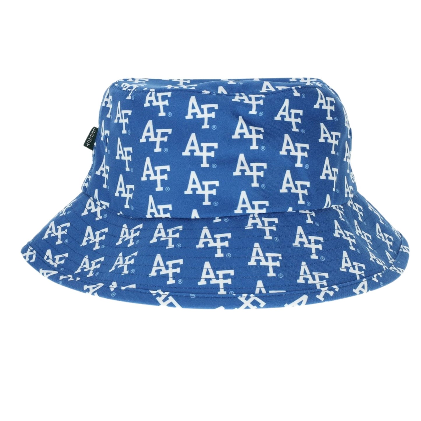 blue Air Force bucket hat with repeating white AF logo pattern