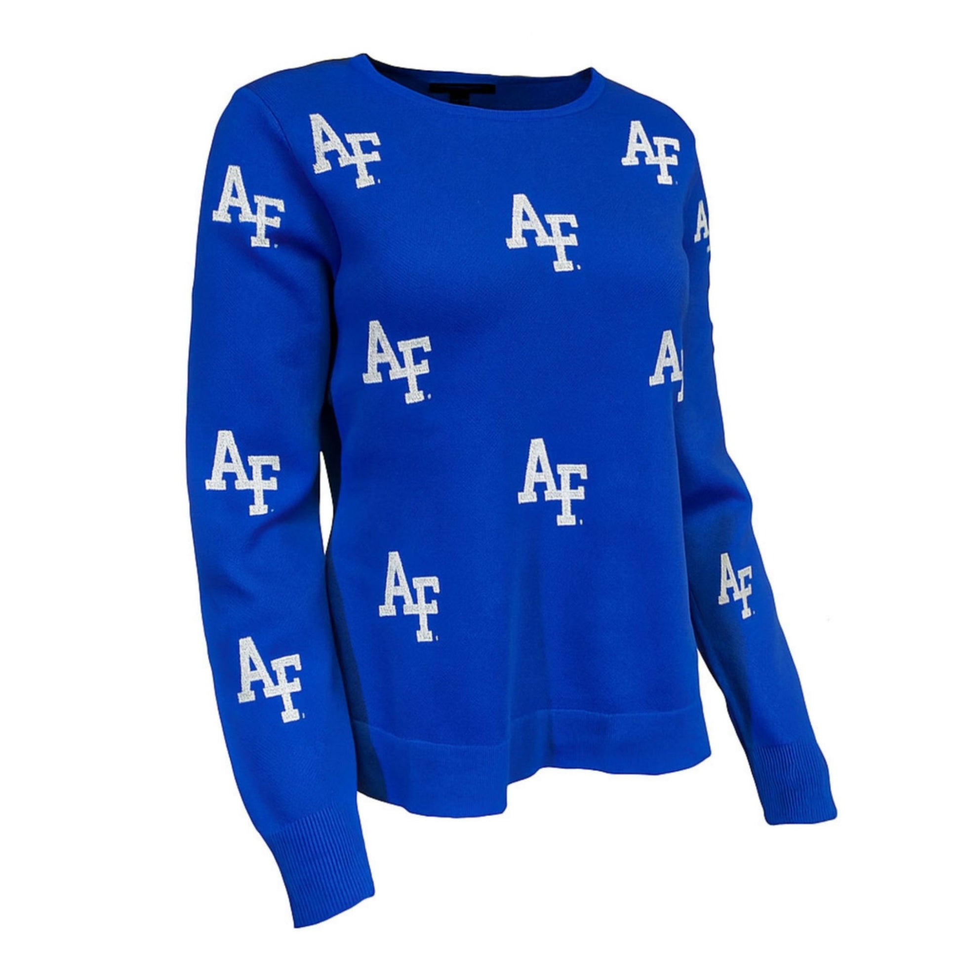 Royal blue knit sweater with repeating white Air Force logos across the front and sleeves