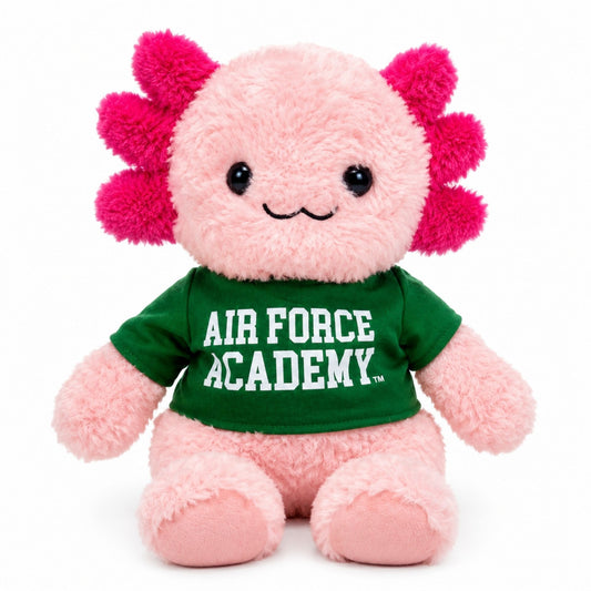 Pink Air Force Academy axolotl plush toy wearing a green Air Force Academy shirt, sitting upright