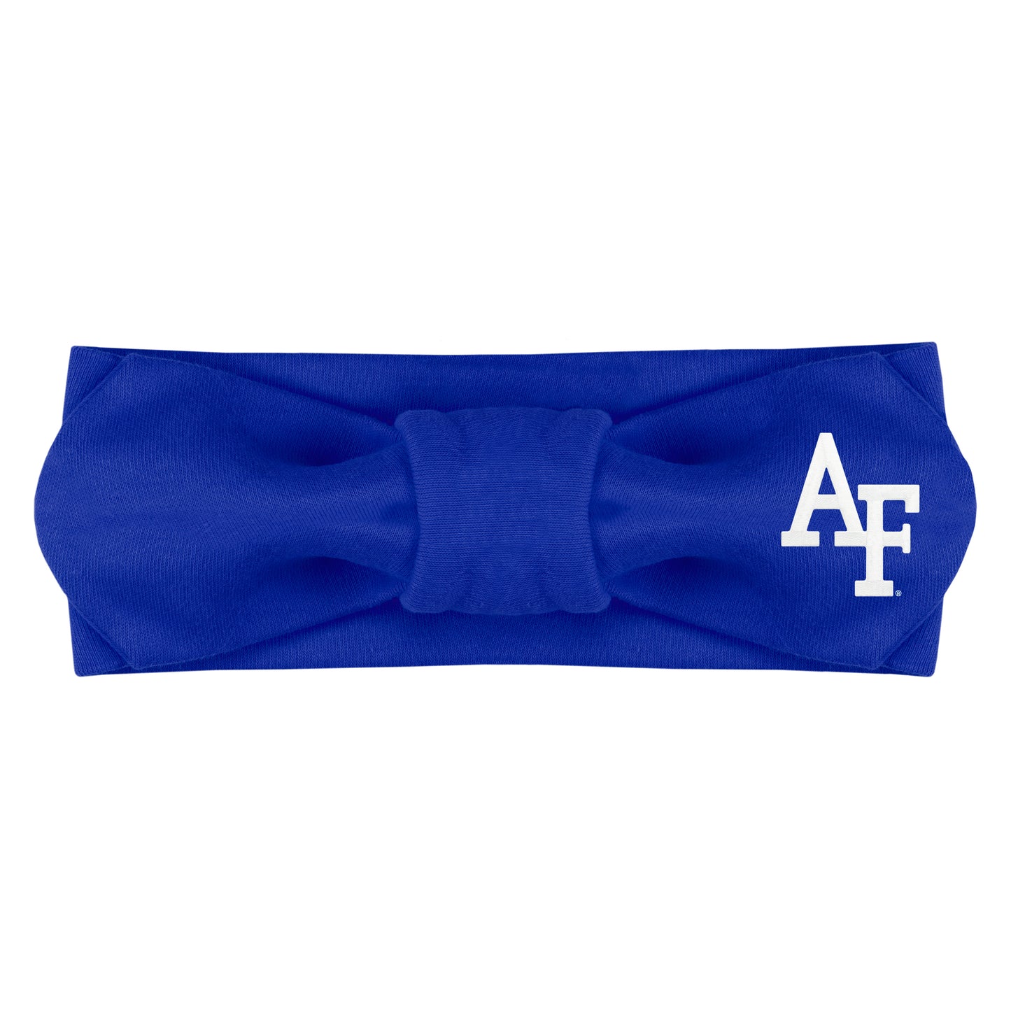 Royal blue Air Force baby hair bow headband featuring a large bow and white AF logo