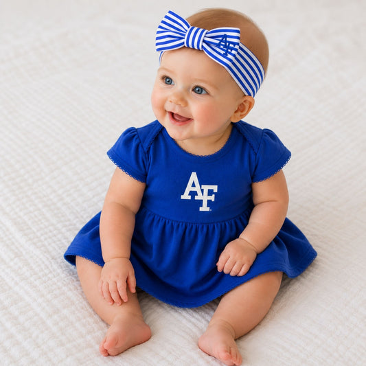 Royal blue and white striped Air Force Baby Head Bow with AF logo