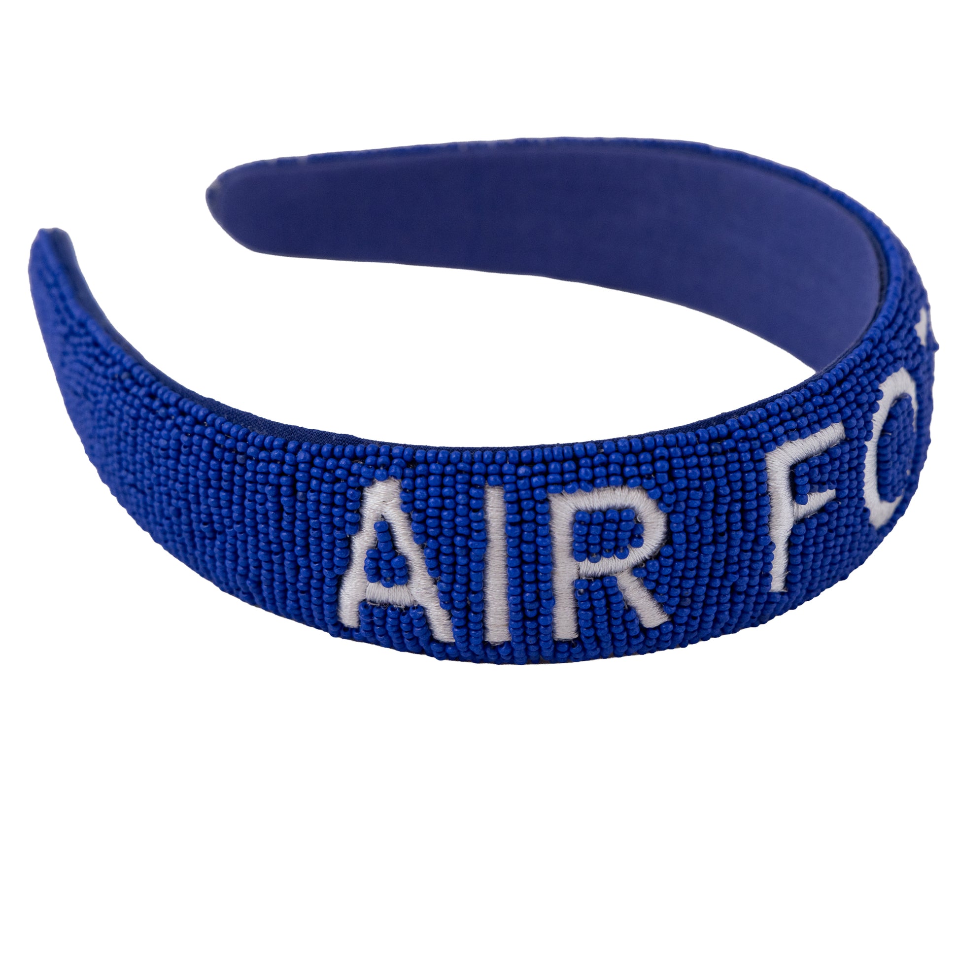 Royal blue Air Force beaded headband with white “Air Force” lettering