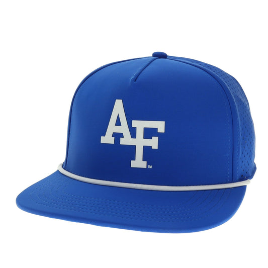 Air Force blue golf hat with AF logo, flat bill, rope detail, and perforated side panels