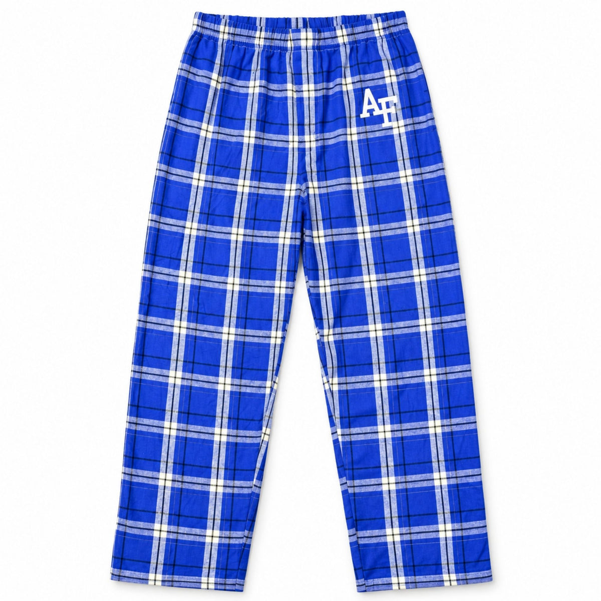 Royal blue Air Force pajama pants with white and navy plaid, elastic waistband, and white AF logo.