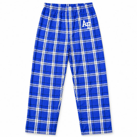 Royal blue Air Force pajama pants with white and navy plaid, elastic waistband, and white AF logo.