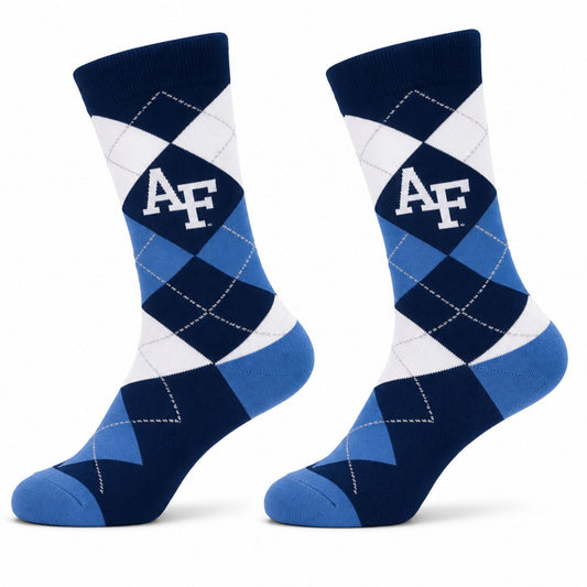 Air Force Blues Argyle Dress Socks featuring a navy, blue, and white argyle pattern with a white AF logo