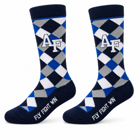 Air Force Blues Diamond Crew Socks with navy, blue, gray, and white argyle pattern featuring AF logo and Fly Fight Win text.