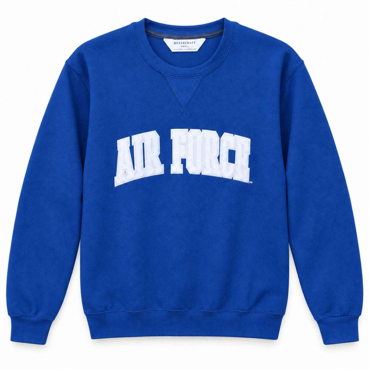Blue Air Force Courtside Crewneck with white AIR FORCE lettering, front view