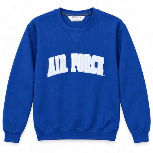 Blue Air Force Courtside Crewneck with white AIR FORCE lettering, front view