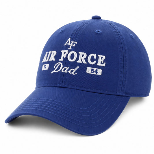 Air Force Dad Heritage Hat in royal blue with embroidered Air Force Dad text and AF logo