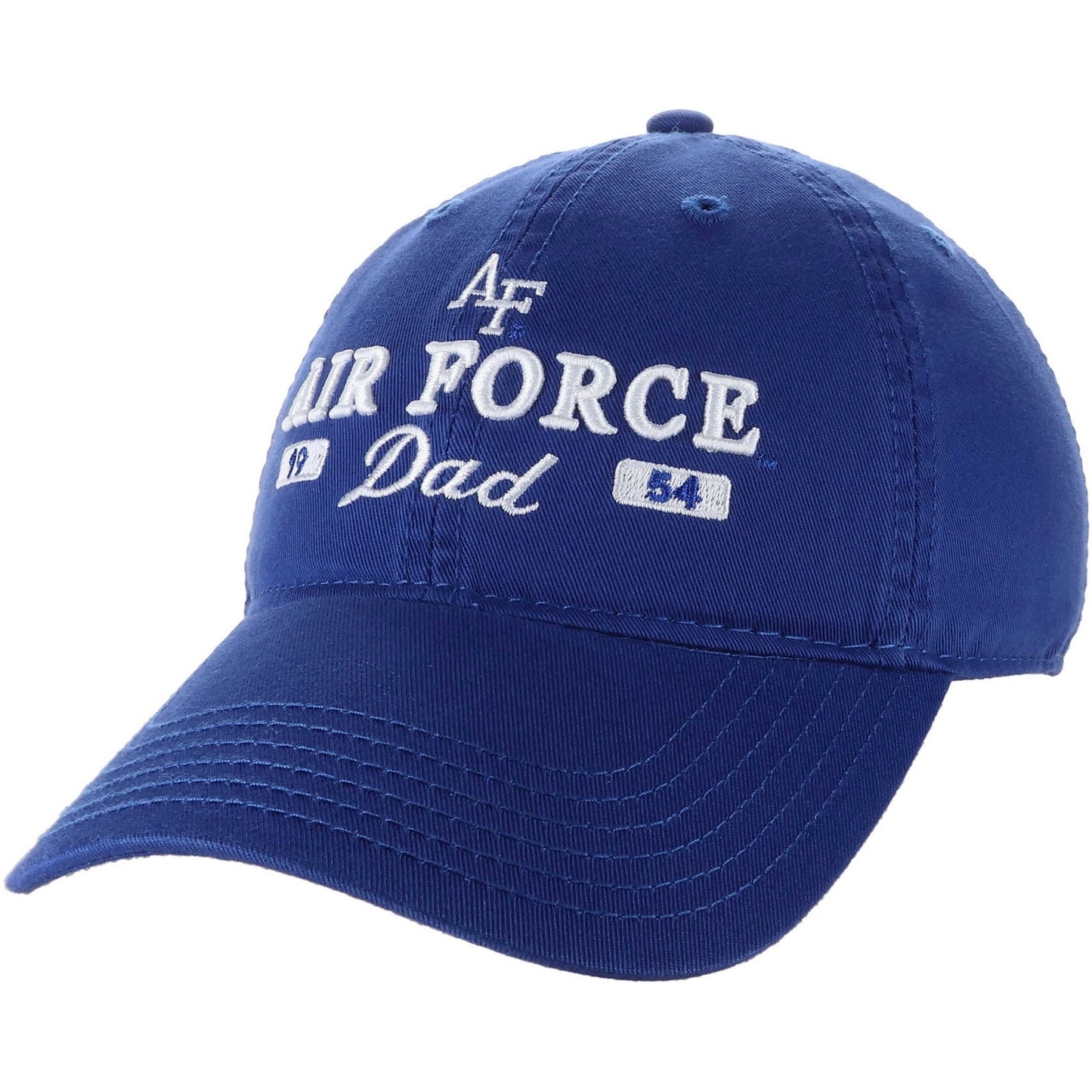 Air Force Dad Heritage Hat in royal blue with embroidered Air Force Dad text and AF logo