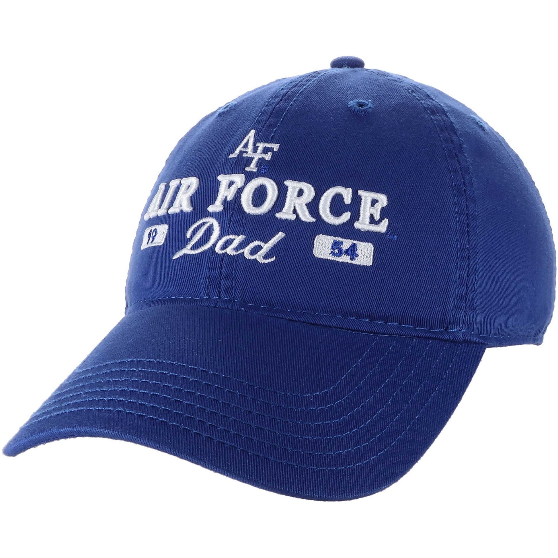 Air Force Dad Heritage Hat in royal blue with embroidered Air Force Dad text and AF logo