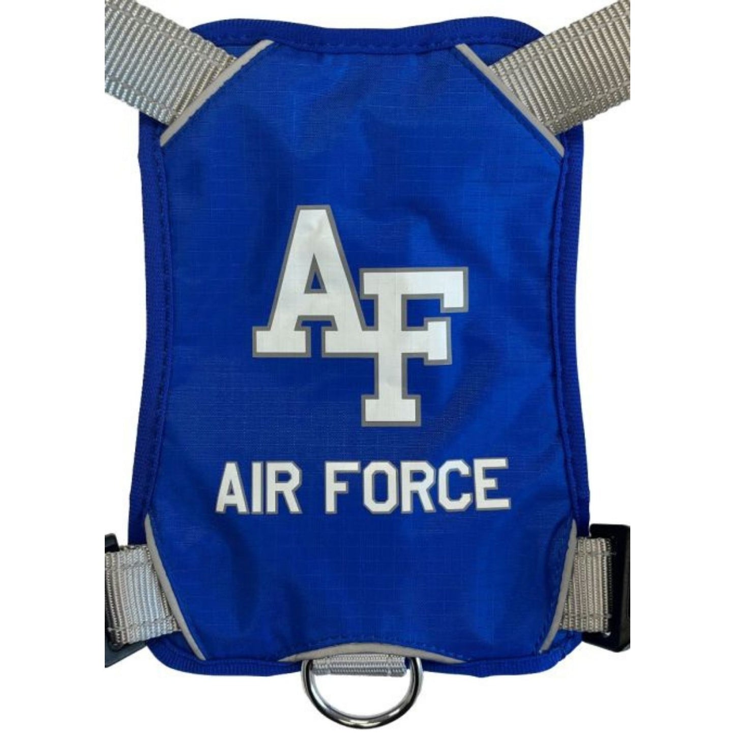 Air Force dog harness in blue with AF logo and adjustable straps