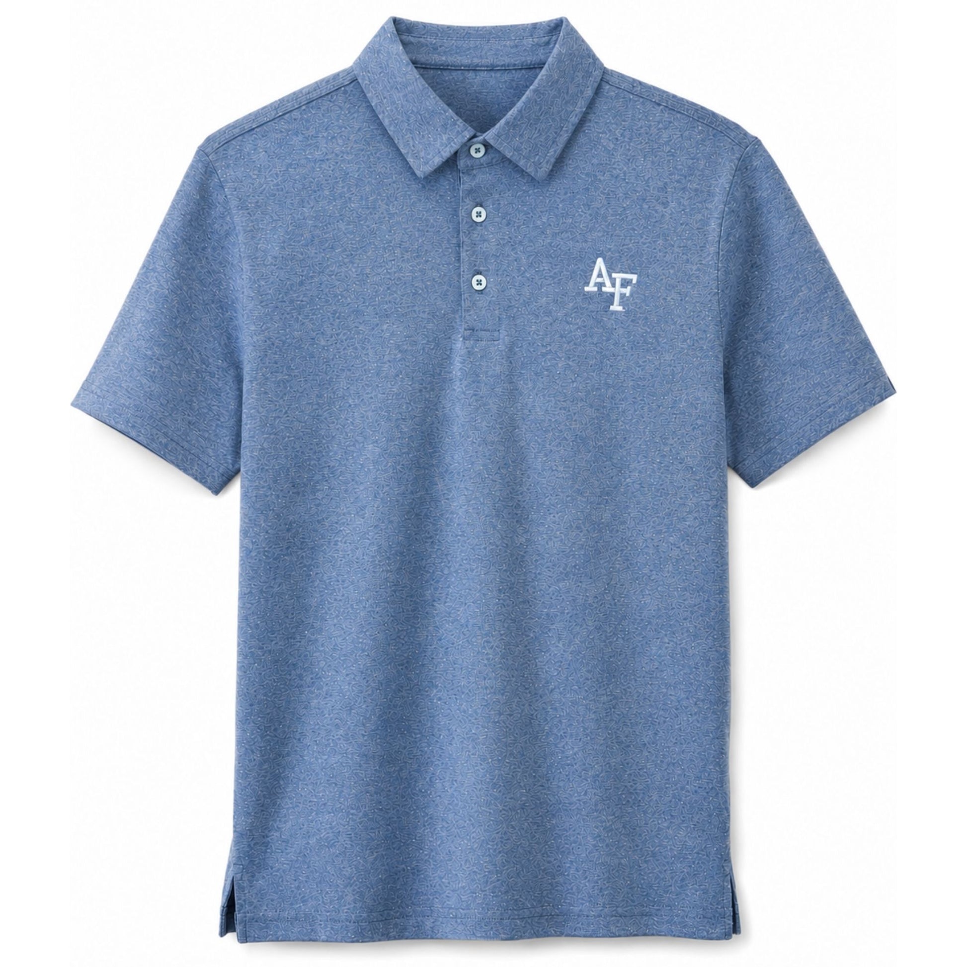 Air Force Eco Polo Blue Rainbow featuring a heathered blue recycled fabric with multicolor flecks, embroidered AF logo, and three-button collar.