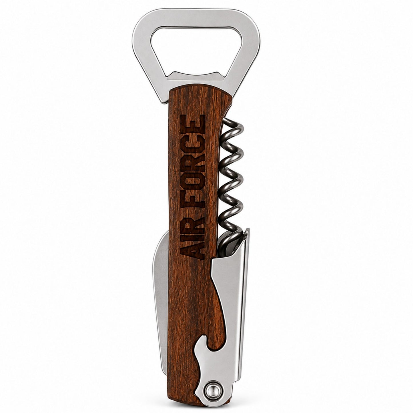 Air Force etched wine and bottle opener with laser engraved wood handle, corkscrew, foil cutter, and stainless-steel bottle opener