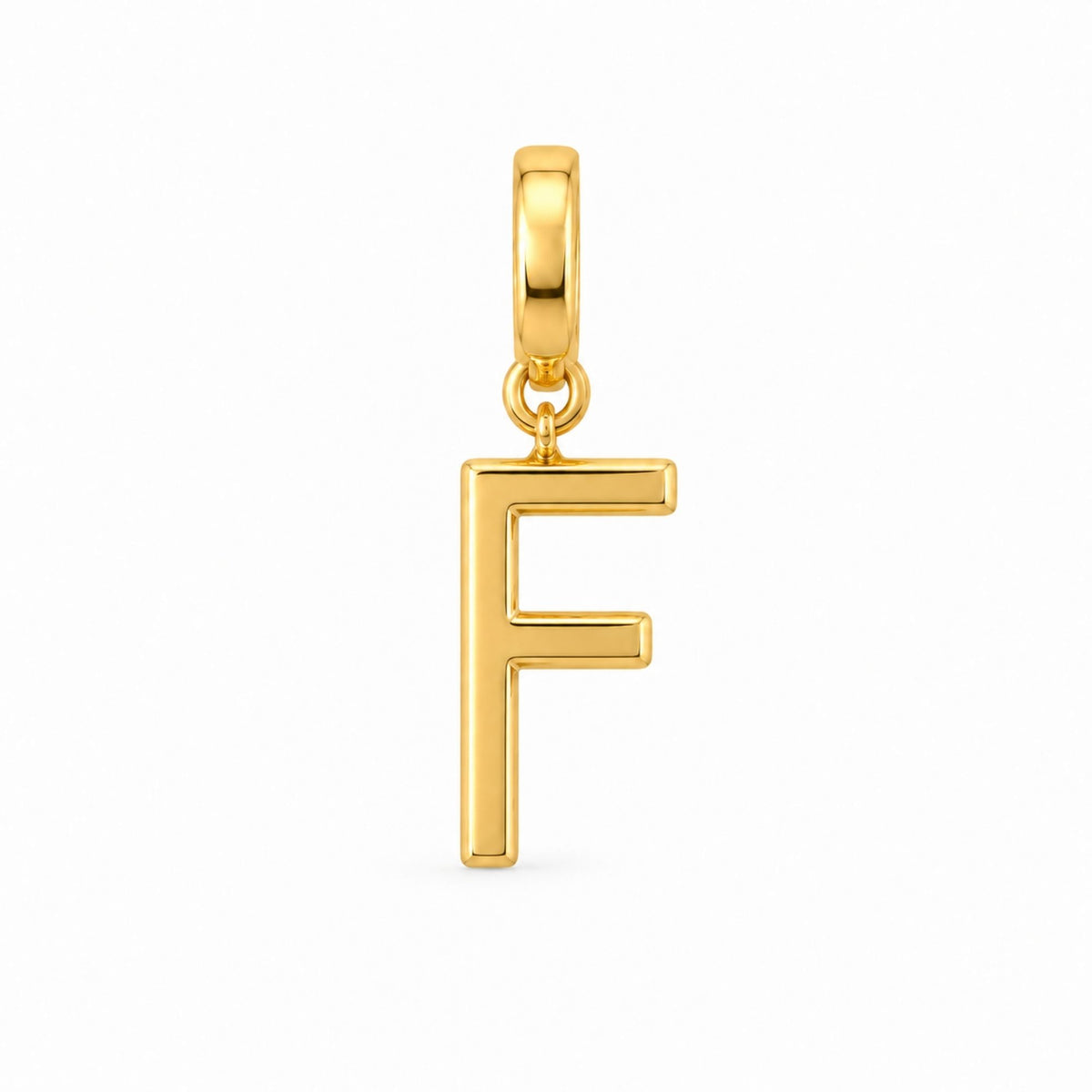 Polished 18k gold-plated F charm with clasp, designed to pair with the A charm to represent Air Force