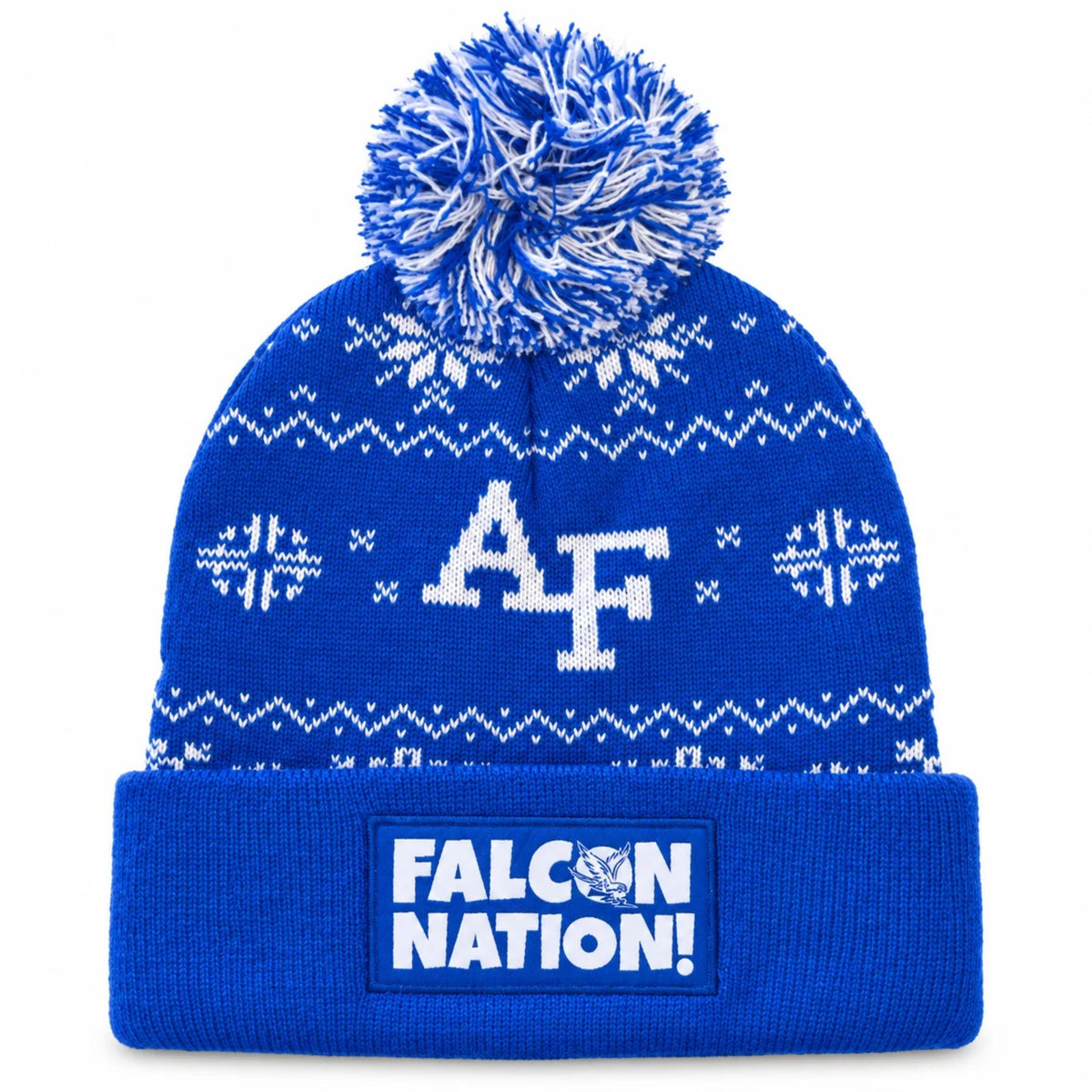 Front of royal blue Air Force beanie with white snowflake pattern, blue and white pom pom, and Falcon Nation cuff patch.