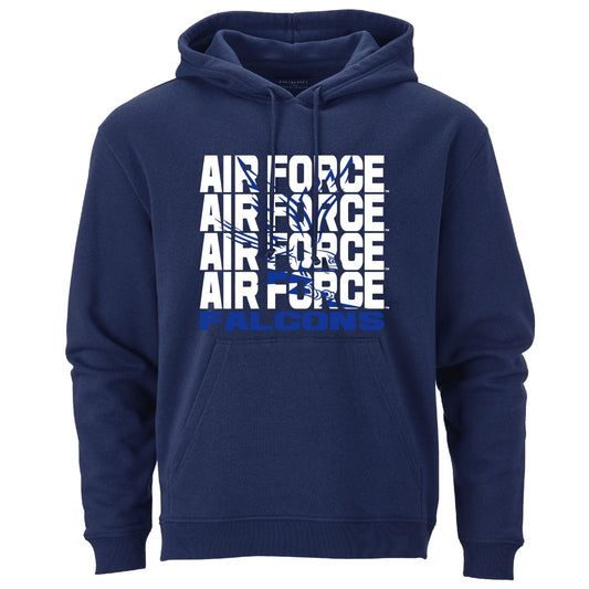 Navy Air Force Falcons hoodie featuring stacked AIR FORCE text and falcon graphic on front