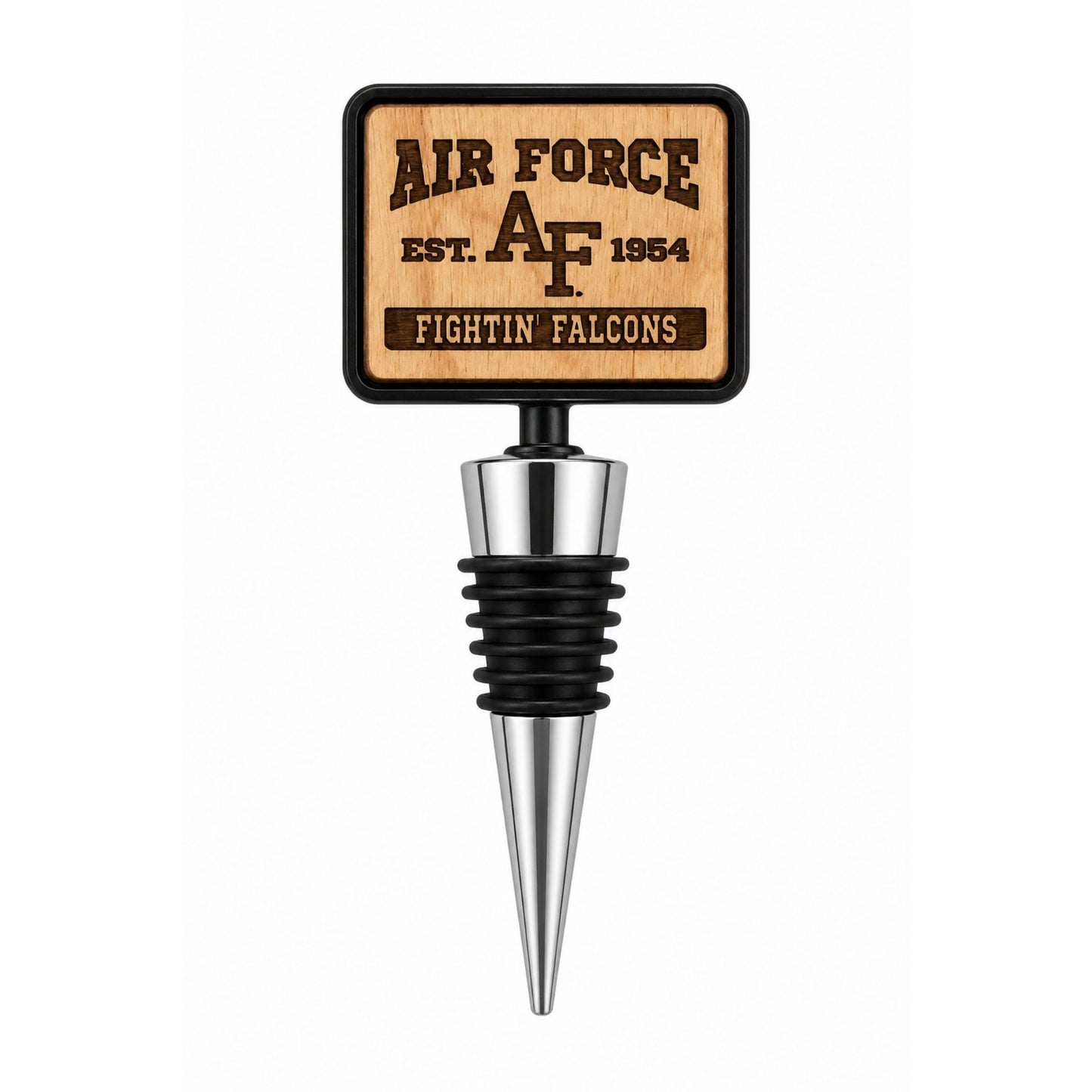 Air Force Fightin' Falcons bottle stopper featuring a laser-engraved wooden top with stainless steel and silicone stopper.