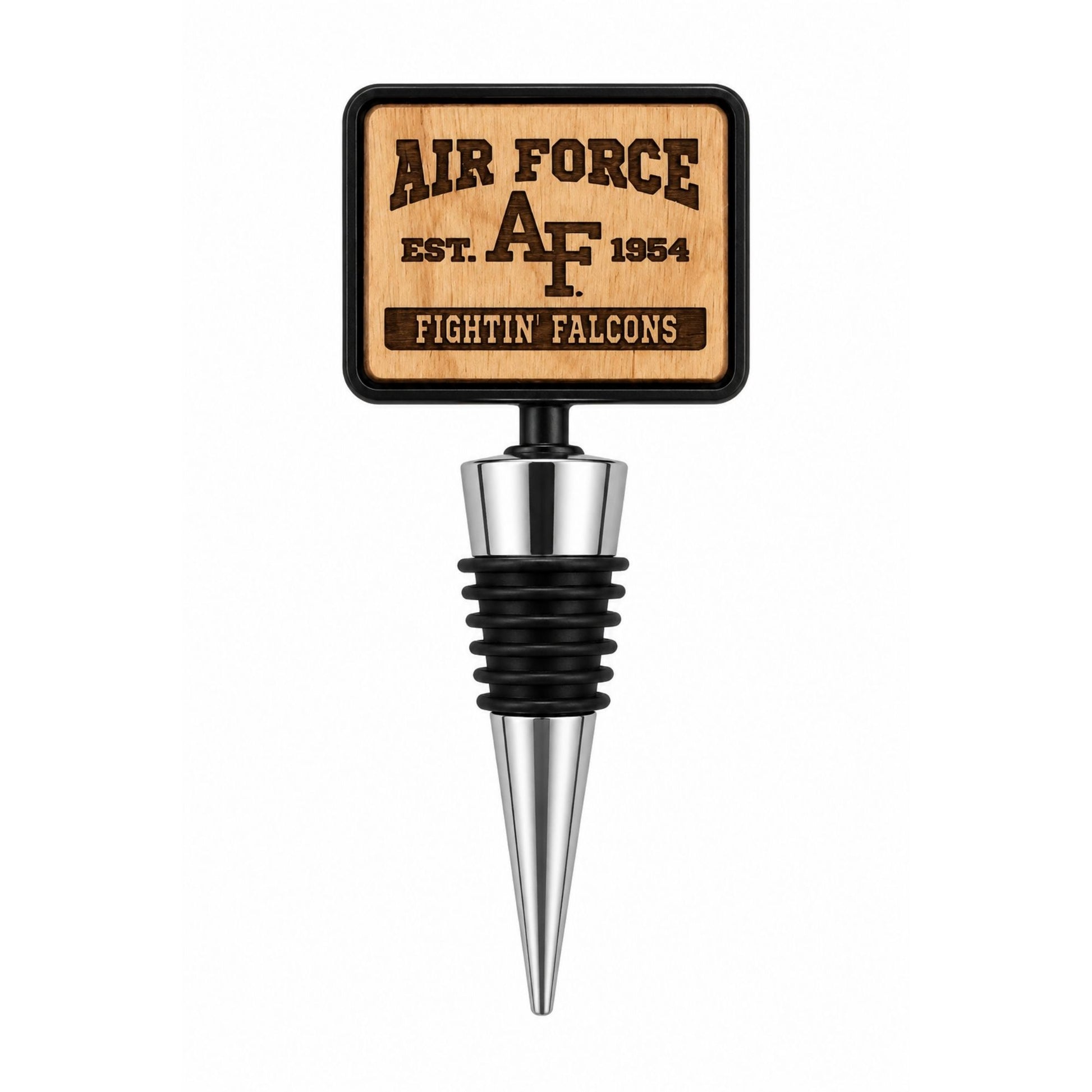 Air Force Fightin' Falcons bottle stopper featuring a laser-engraved wooden top with stainless steel and silicone stopper.