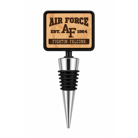 Air Force Fightin' Falcons bottle stopper featuring a laser-engraved wooden top with stainless steel and silicone stopper.