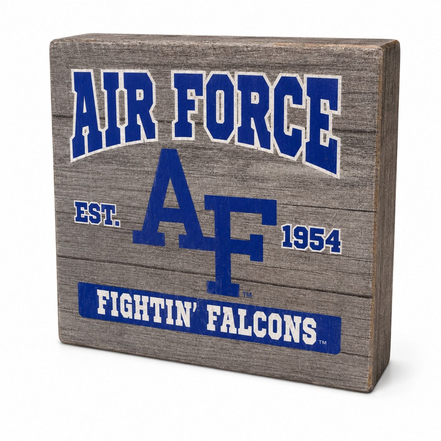 Air Force Fightin' Falcons wooden decor block featuring blue and white Air Force graphics on a weathered gray wood background.