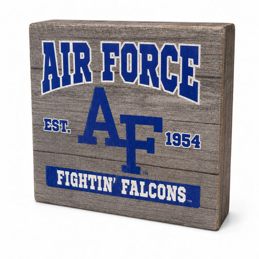 Air Force Fightin' Falcons wooden decor block featuring blue and white Air Force graphics on a weathered gray wood background.