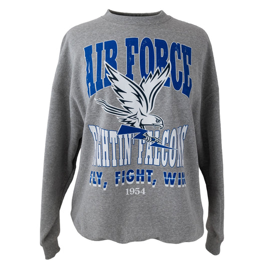 Gray Air Force Fighting Falcons crewneck sweatshirt with falcon graphic and “Fly, Fight, Win” lettering on the front