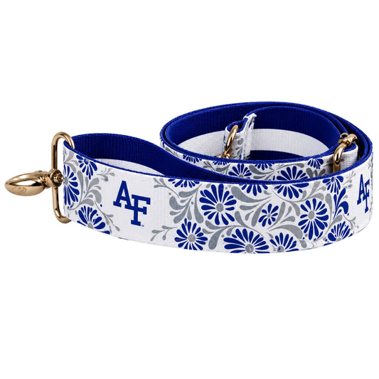 Air Force floral purse strap with blue and white pattern, AF logo, and gold hardware