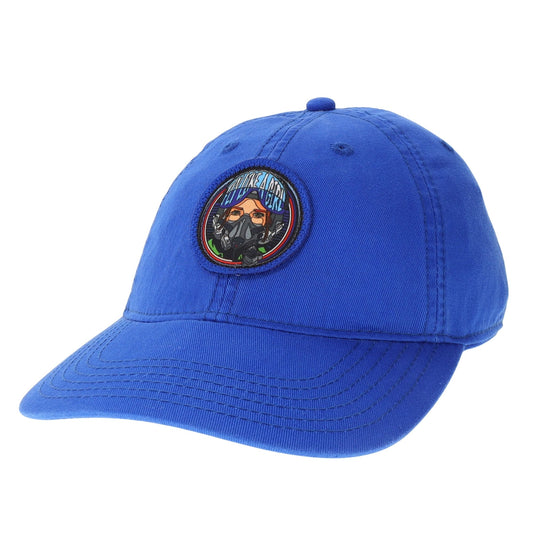 Royal blue Air Force hat with circular “Fly Like a Girl” aviator patch featuring a pilot wearing a flight mask