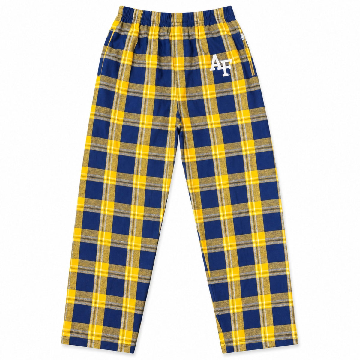 Gold and navy plaid Air Force pajama pants with elastic waistband and white AF logo.