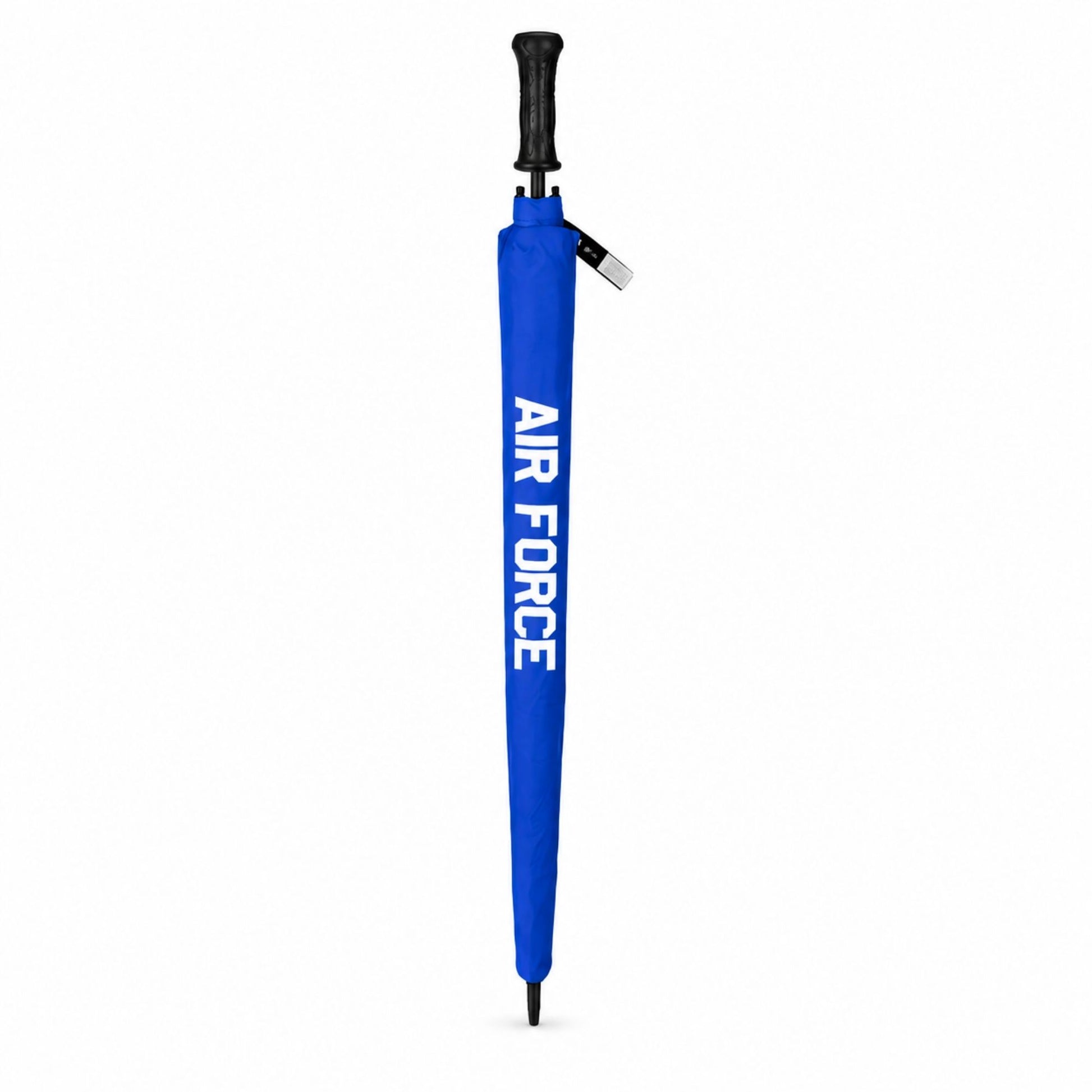 Blue and white Air Force Golf Umbrella with 62-inch double canopy, AF logos, ergonomic black handle, and matching branded sheath.