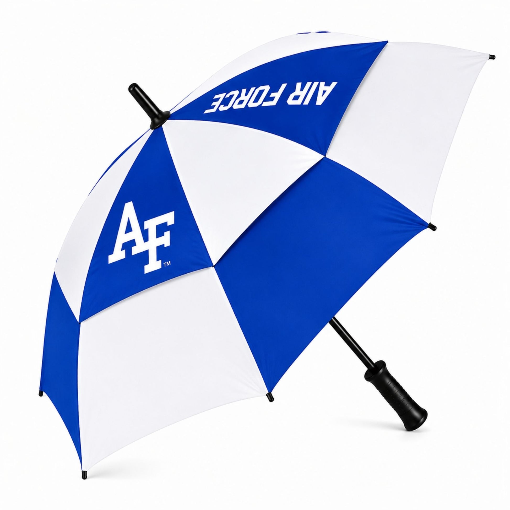 Blue and white Air Force Golf Umbrella with 62-inch double canopy, AF logos, ergonomic black handle, and matching branded sheath.