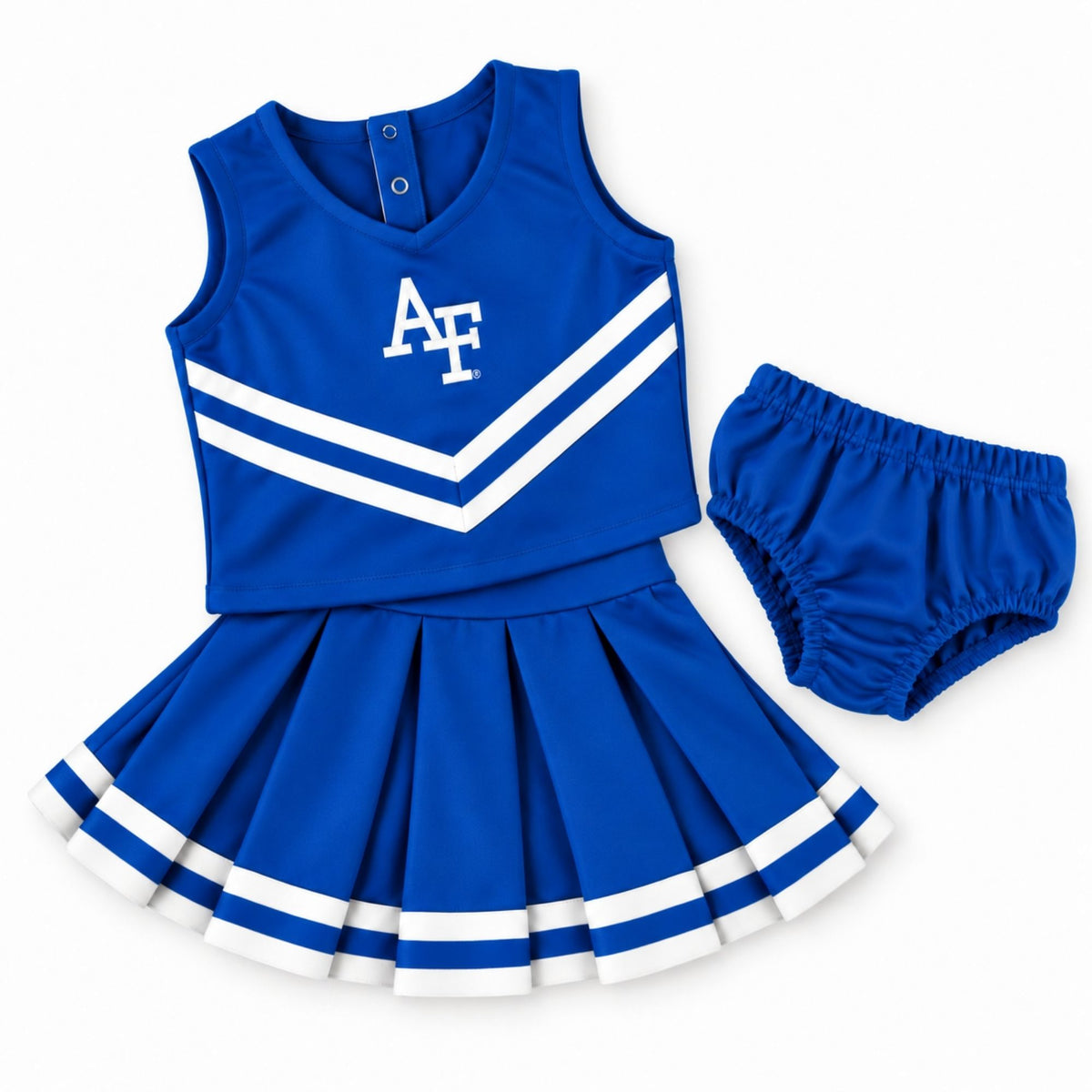 Royal blue Air Force infant cheer three-piece set with AF logo, pleated skirt and matching bloomers