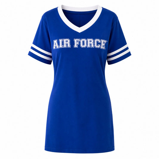 Royal-blue Air Force jersey-style nightshirt with a white V-neck, striped short sleeves, and distressed varsity lettering.