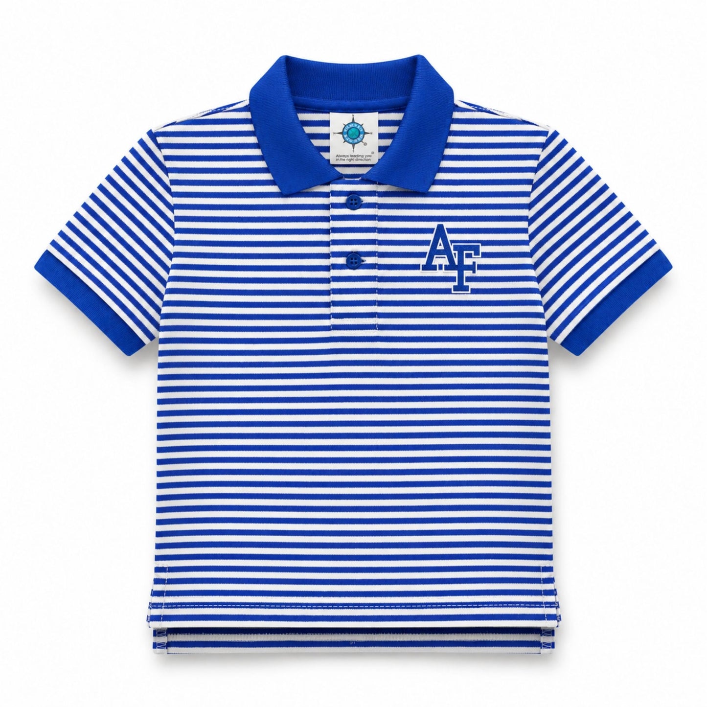 Toddler Air Force Little Cadet Stripe Polo featuring royal blue and white horizontal stripes, a matching blue collar, two-button placket, and embroidered AF logo on the left chest.