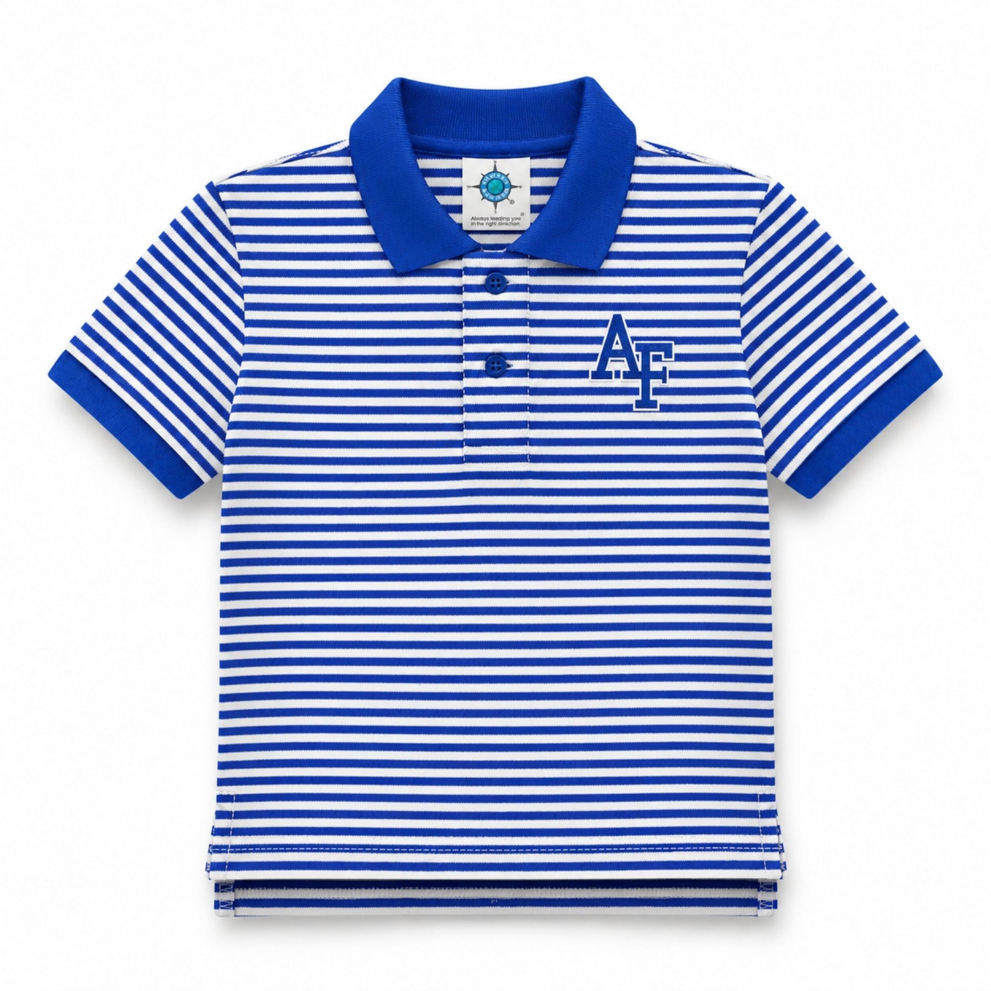 Toddler Air Force Little Cadet Stripe Polo featuring royal blue and white horizontal stripes, a matching blue collar, two-button placket, and embroidered AF logo on the left chest.