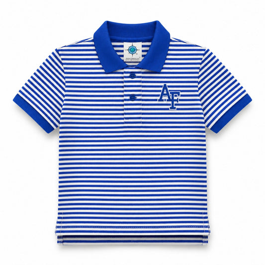 Toddler Air Force Little Cadet Stripe Polo featuring royal blue and white horizontal stripes, a matching blue collar, two-button placket, and embroidered AF logo on the left chest.