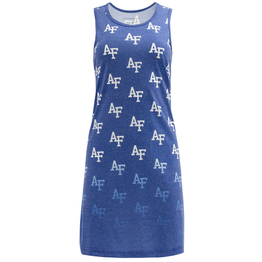 Air Force blue tank dress with all-over AF logo pattern